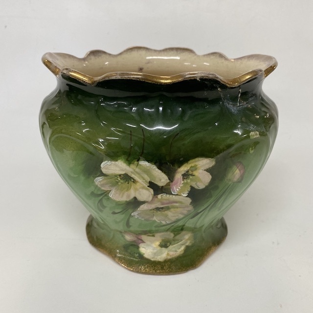 POT, Jardinere Plant Pot - Victorian Style - Green Gold Floral